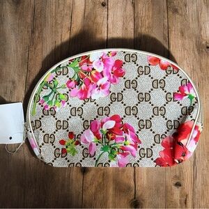 Floral Monogram Makeup Bag Beige Trim Cosmetic Travel Pouch 8x6 Organizer